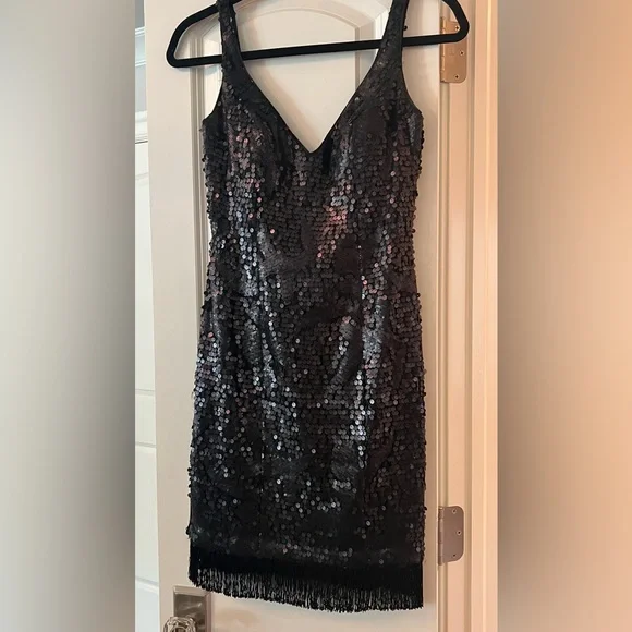 Aidan Mattox Black Sequin Dress Cocktail 20s Flapper Halloween Great Gatsby